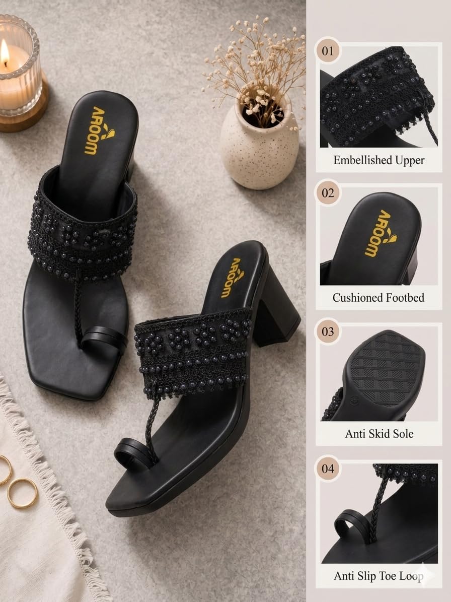 AROOM, Women's One Toe Block Heels Sandals Comfortable & Stylish Sandals for Women & Girls (Black, UK Footwear Size System, Adult, Women, Numeric, Medium, 5)