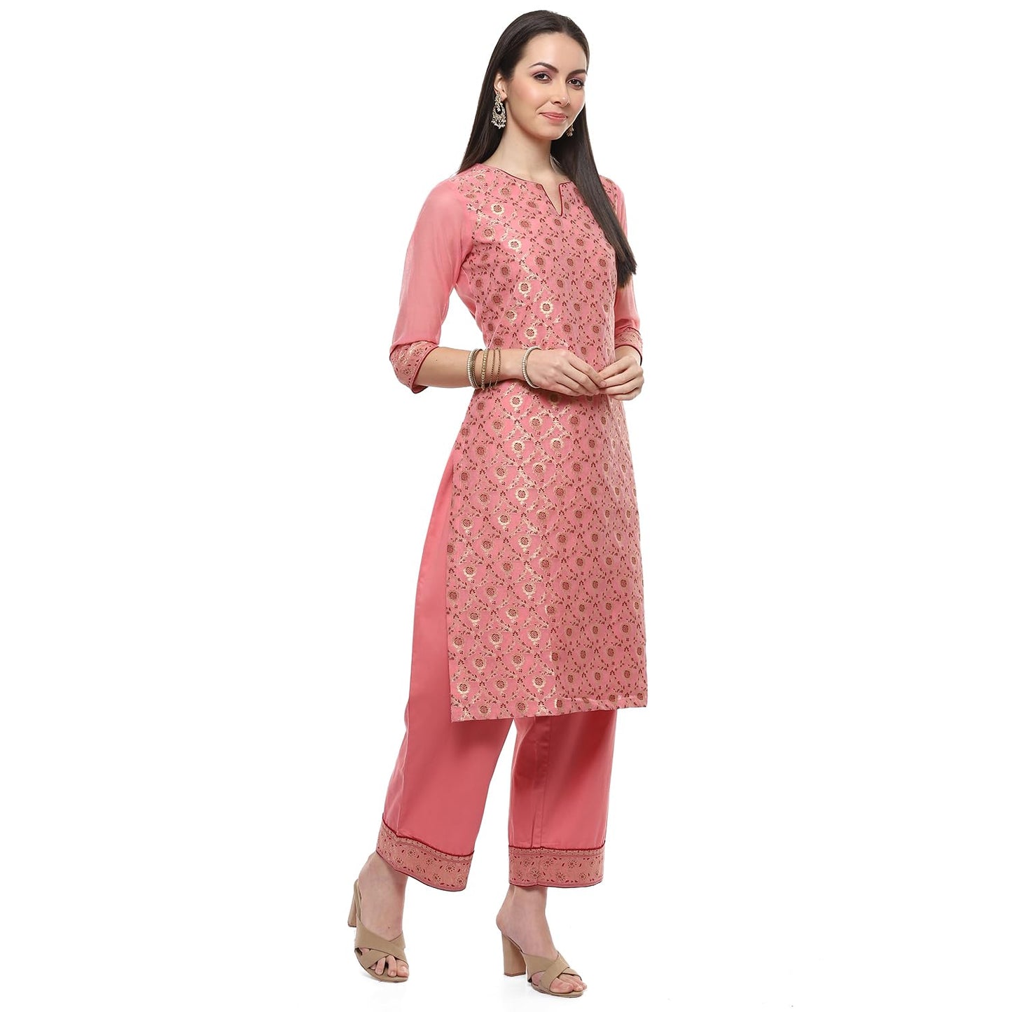 Biba WOMEN YARNDYED STRAIGHT SALWAR KURTA DUPATTA(SKDBANARASI8851_BLUSH PINK_38)