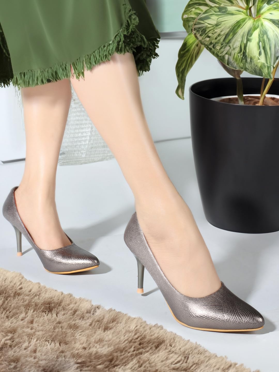 Carlton London Women Grey Stylish Slip-on Pump Shoes with Stiletto Heels, Pointed Toe (38)