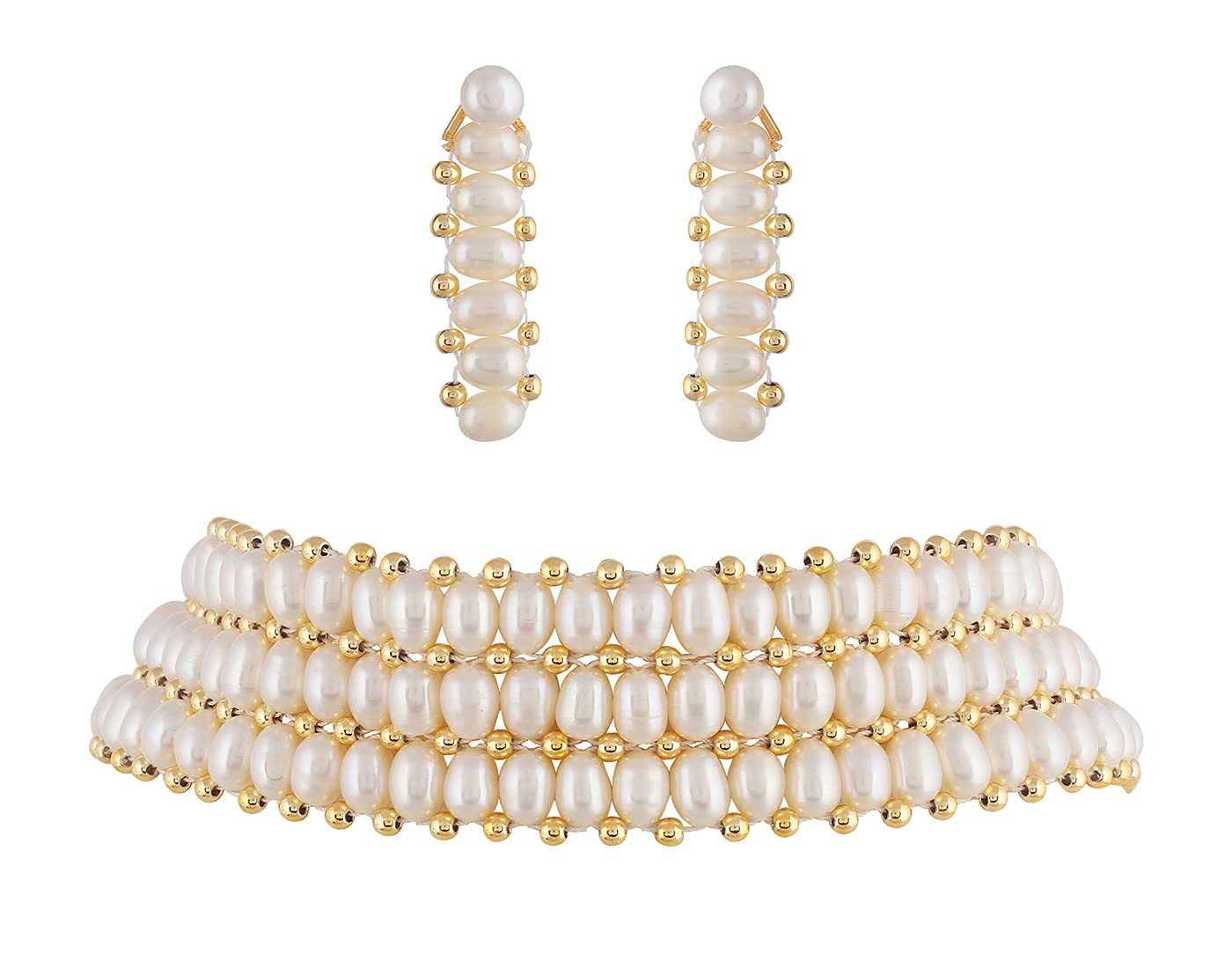 HYDERABAD JEWELS Hyderabad Jewels Real Natural Fresh Water Oval Pearls Choker Set For Women Girls With Certificate (TRIPLE LINE), Off-White (CKR267)