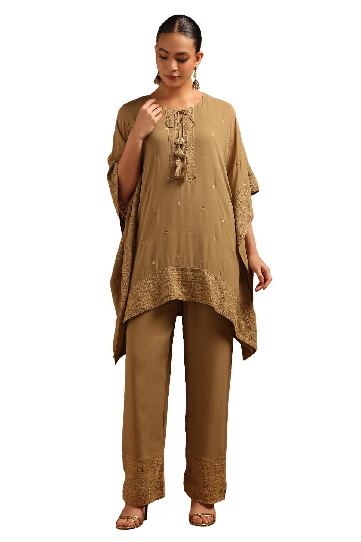 Soch Womens Olive Georgette Floral Kaftan Suit With Machine Embroidery and Tassel Details