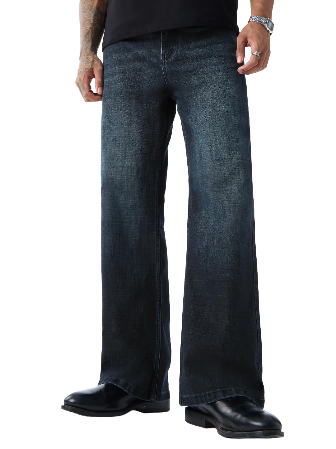 The Souled Store Bootcut Denim: Indigo Blue Men and Boys Zip Fly Indigo Blue Vintage Fade Washed Cotton Blend Bootcut Fit Lightweight Everyday All-Season Comfort Stretch Denim Jeans