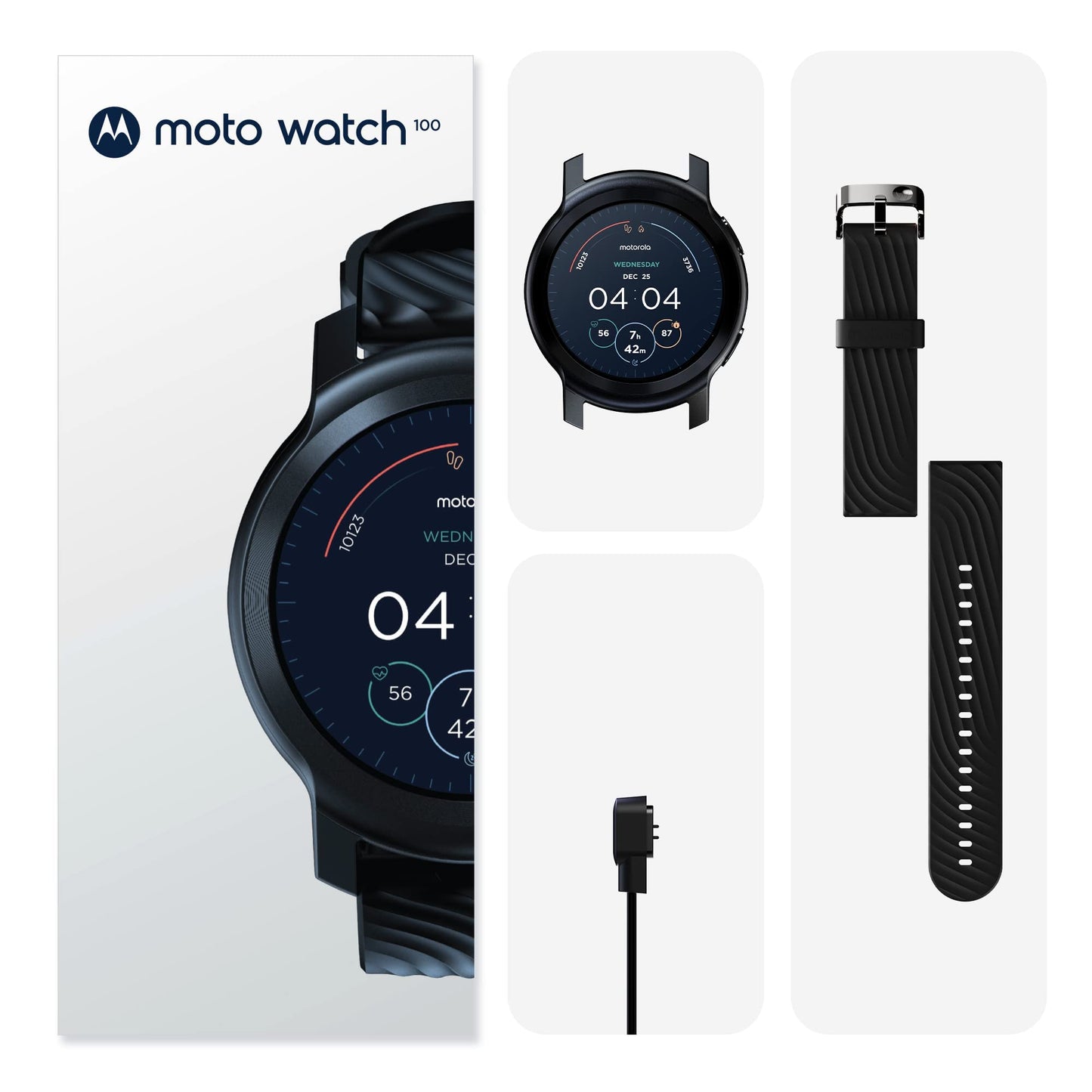 Motorola Moto Watch 100 Smartwatch - 42mm Smartwatch with GPS for Men & Women, Up to 14 Day Battery, 24/7 Heart Rate, SpO2, 5ATM Water Resistant, AOD, Android & iOS Compatible - Phantom Black