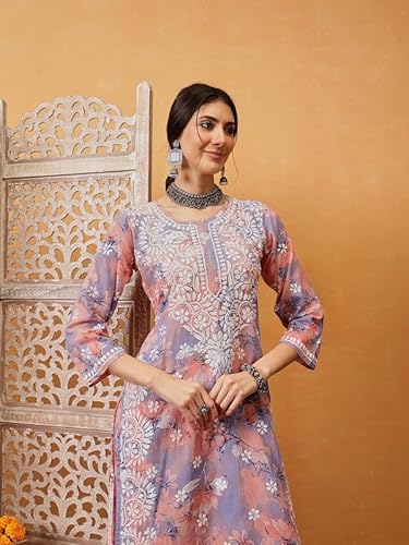 Ada Hand Embroidered Lucknowi Chikankari Printed Cotton Kurta with Pant Co-Ord Set for Women A811313 Light Purple & Peach (2XL)