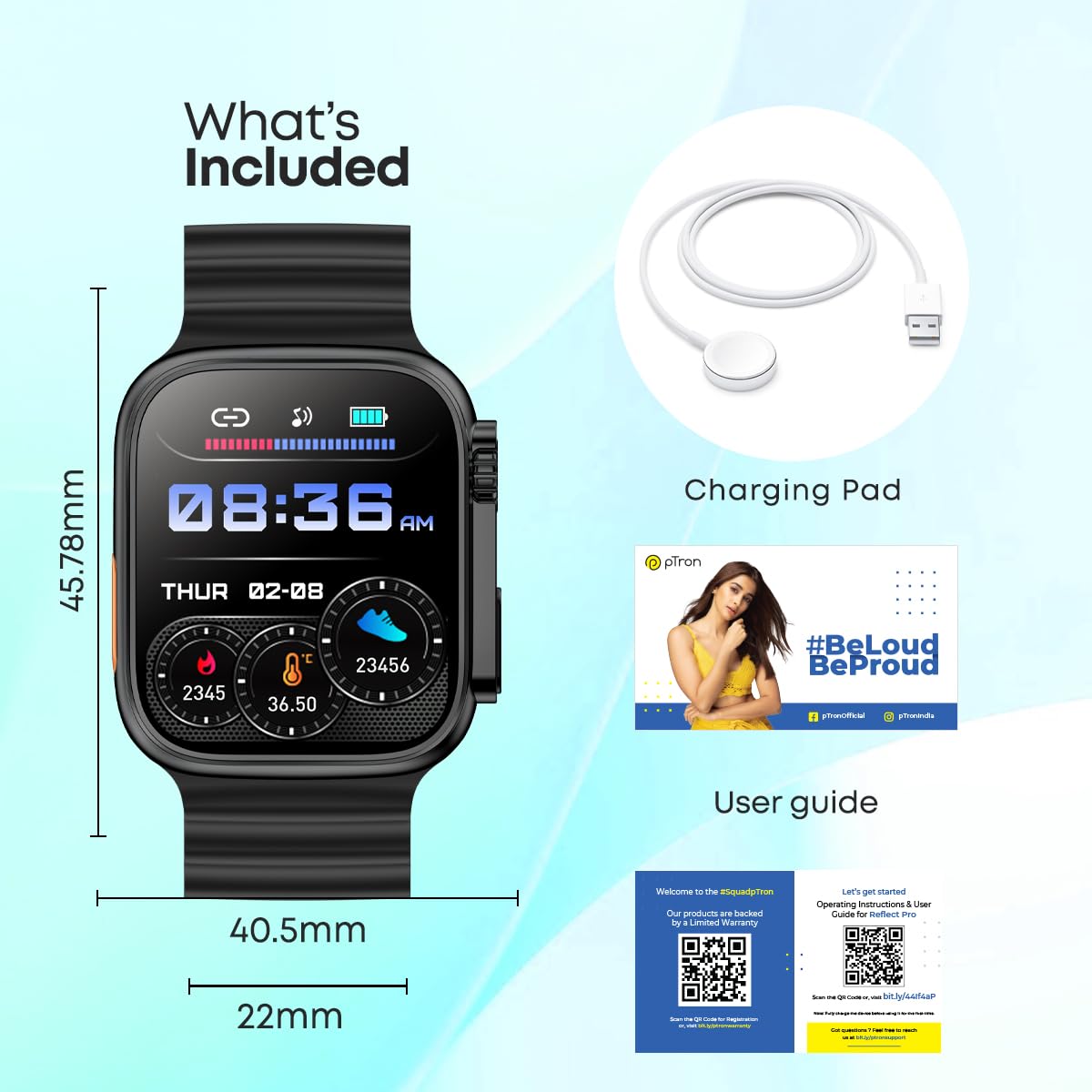 pTron Newly Launched Reflect Pro Smartwatch, Bluetooth Calling, 1.85" Full Touch Display, 600 NITS, Digital Crown, Metal Frame, 100+ Watch Faces, HR, SpO2, Voice Assist, 5 Days Battery Life (Black)
