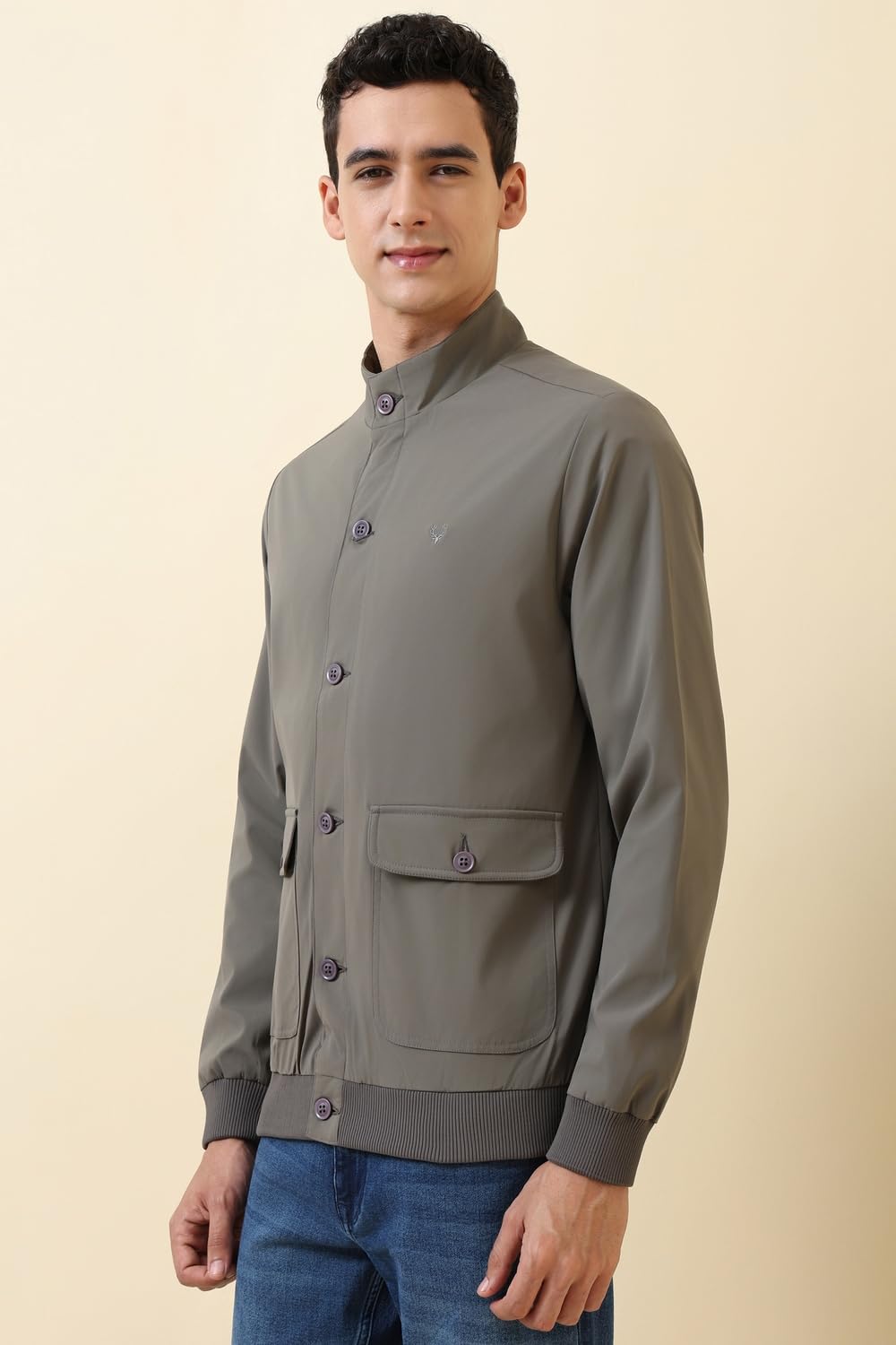 Allen Solly Men's High Neck Solid Bomber Jacket | Non Hooded | Standard Length A-Line Style With Welt Pocket