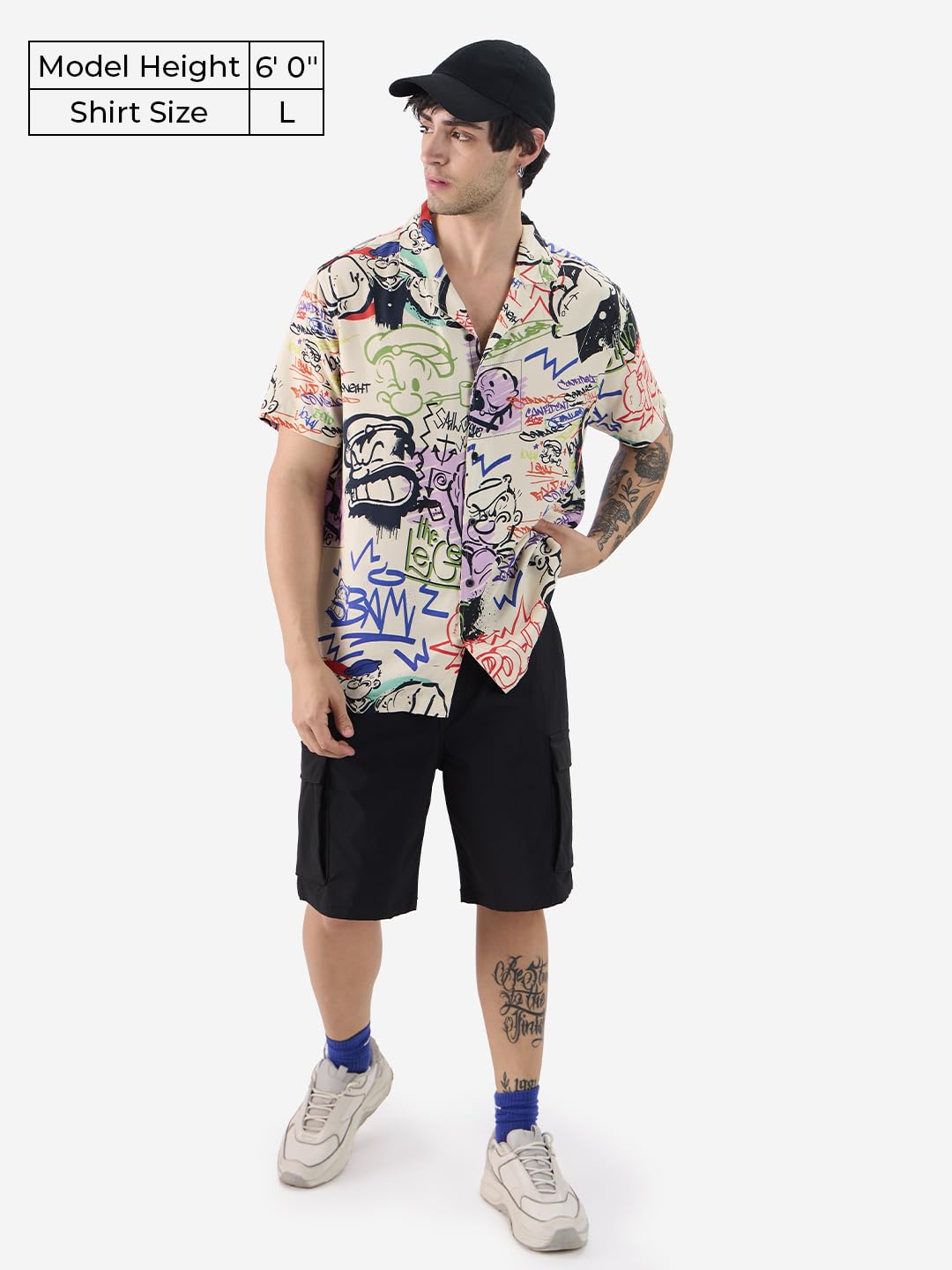 The Souled Store Official Popeye: Graffiti Men and Boys Short Sleeves Collared Neck Button Front Multicolor All Over Printed Rayon Holiday Shirts