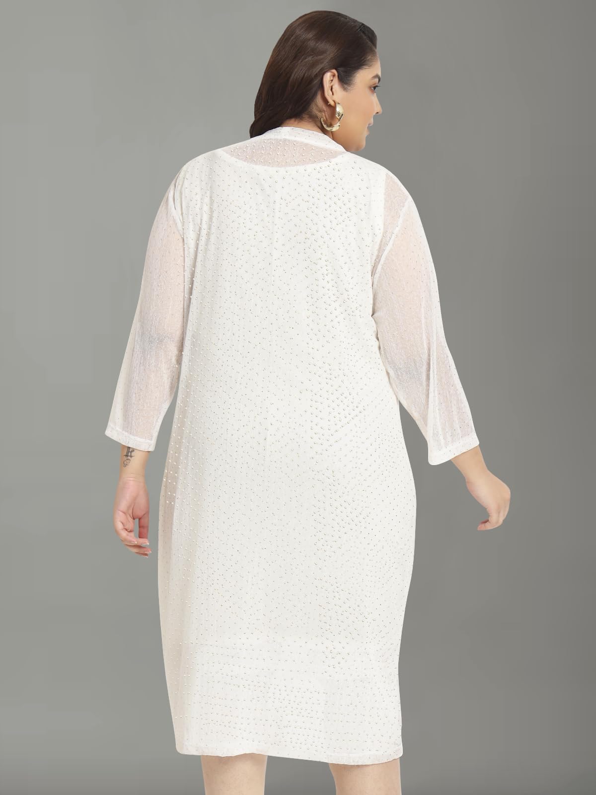 wild U Women Plus Size Two Piece Shrug Dress Set | Knee Length | Sleeve | Shimmer Gold Glitter | (Off White, Size : 5XL)