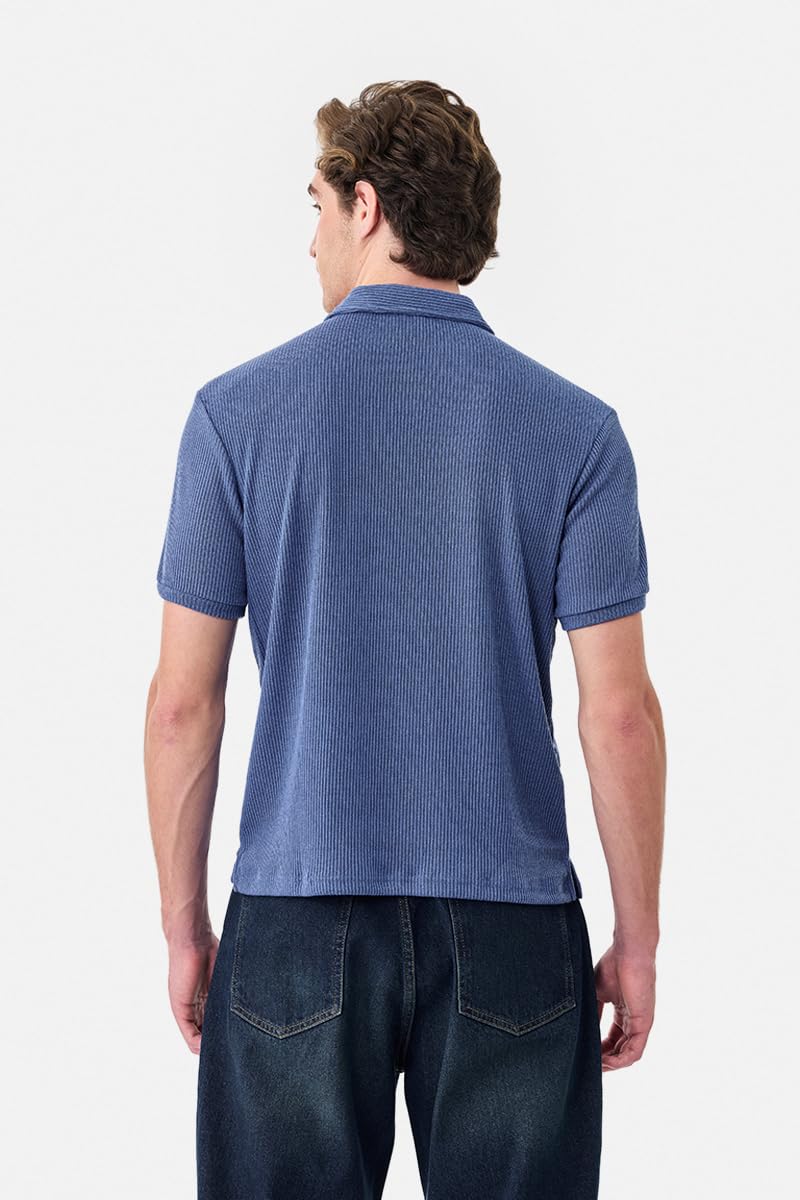 SNITCH Men's T-Shirt | Ribbed Texture Polo Neck & Half Sleeve | Breathable Polyester Blend Stretch Fabric, Regular Fit for Versatile Casual Wear & Everyday Style | Blue