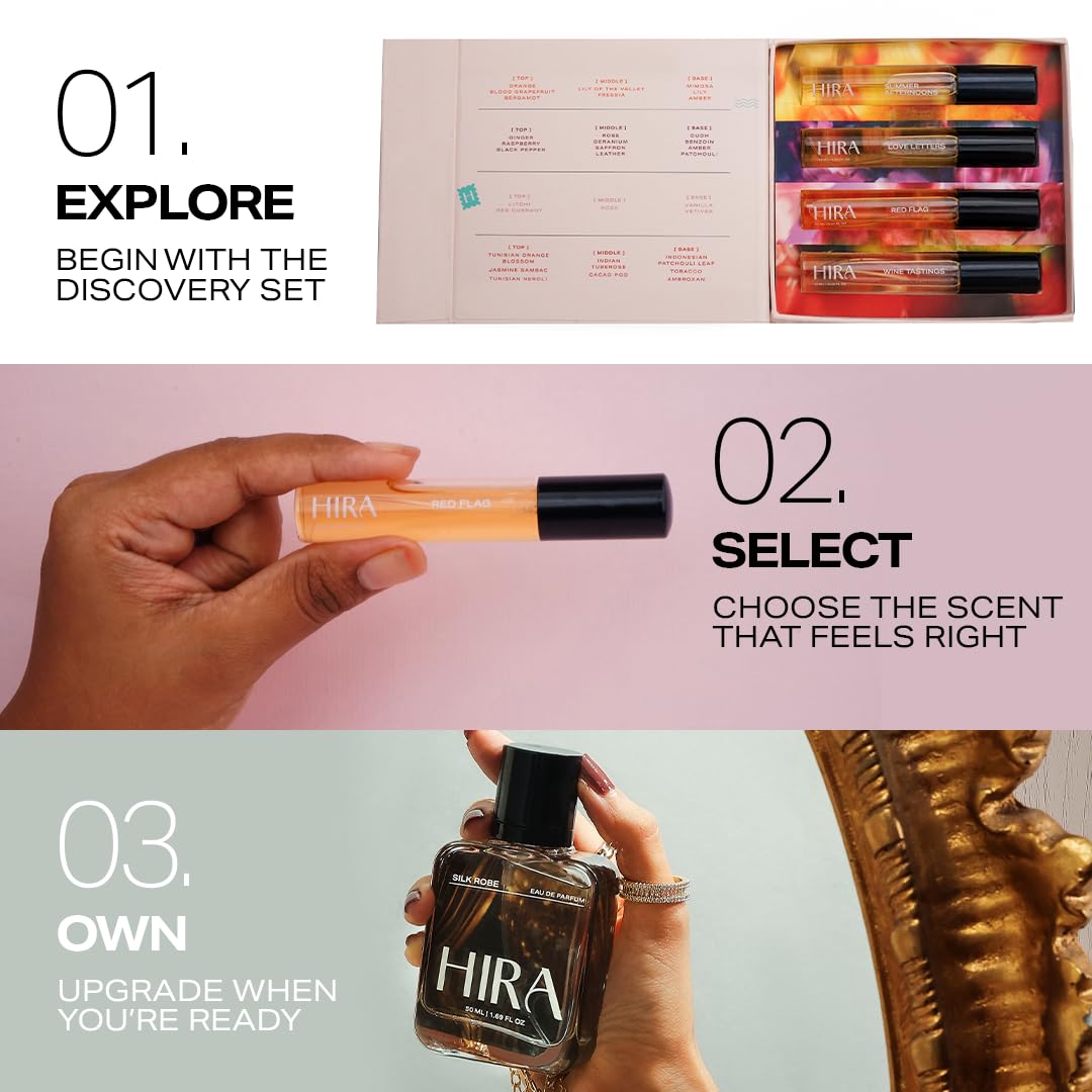HIRA Discovery Set for Women, 4 x 10ml Premium Fragrances, Summer Afternoon, Wine Tastings, Love Letters, Red Flag