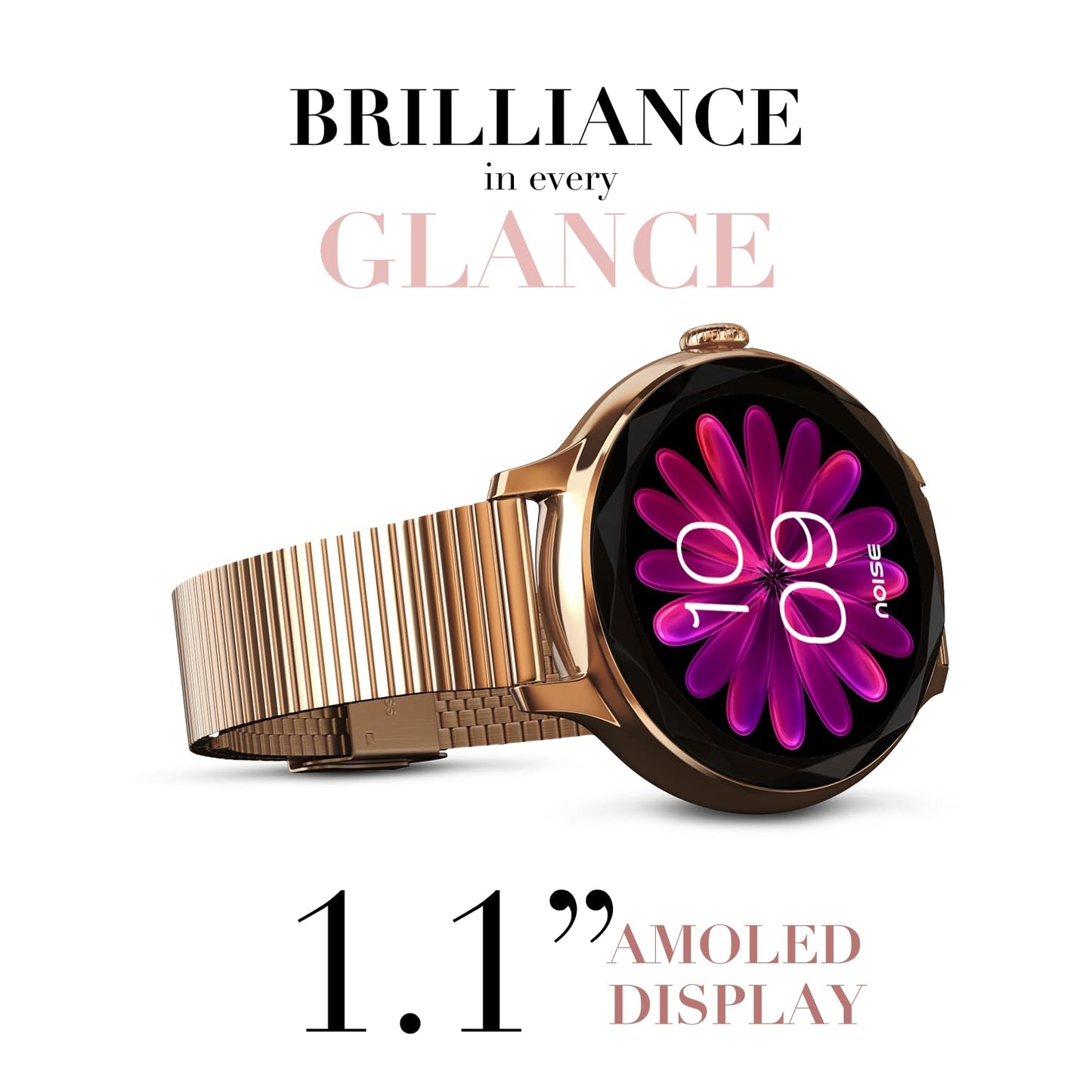 Noise Diva (Smartchoice) Smartwatch for Women with Diamond Cut Dial, Glossy Metallic Finish, AMOLED Display, New Metal Straps, 100+ Watch Faces, Female Cycle Tracker Smart Watch for Women (Rose Panel)