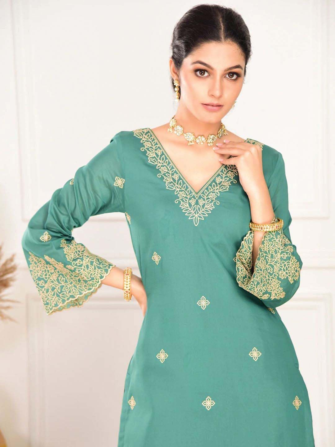TWINLIGHT Women's Silk Blend Salwar Suit Set | V Neck Full Sleeves Embroidered Straight Length Kurta and Elastic Waistband Closure Solid Pant with Jacquard Border Dupatta | LF-NEHA_Rama_2XL