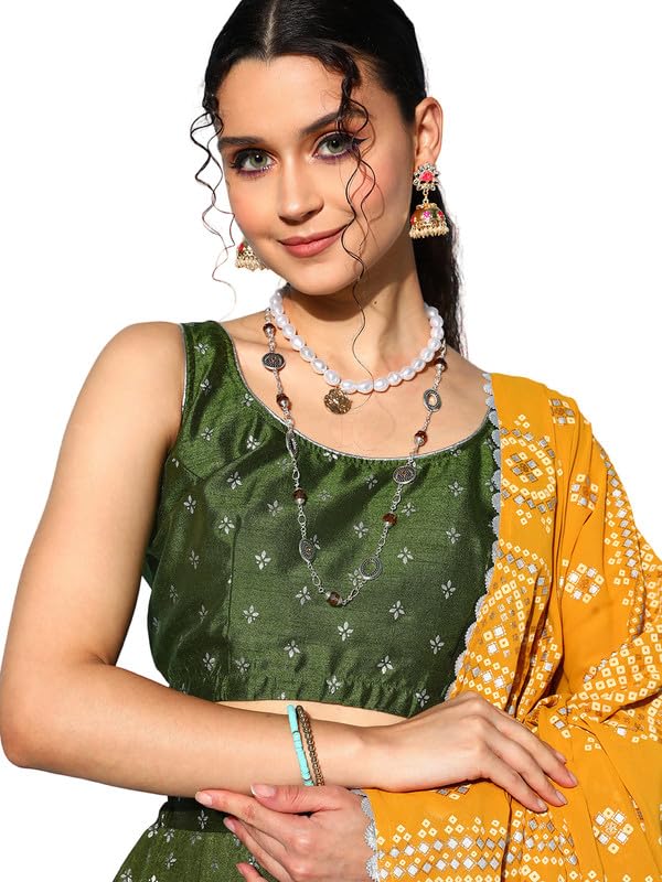 Ahalyaa Olive Green & Silver-Toned Printed Ready to Wear Lehenga & Blouse With Dupatta