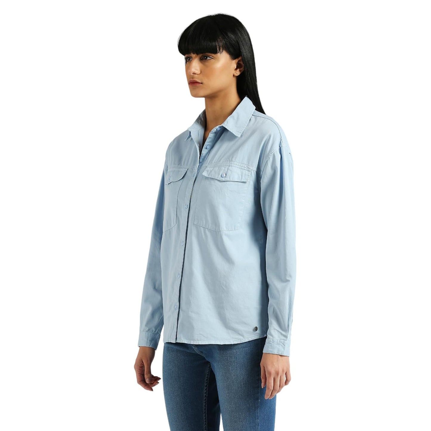 Pepe Jeans Women's Solid Relaxed Fit Shirt (PL304911_Blue