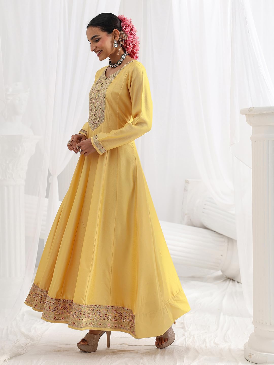 Libas Embroidered Silk Blend A-Line Ethnic Dress with Dupatta-93631XXL