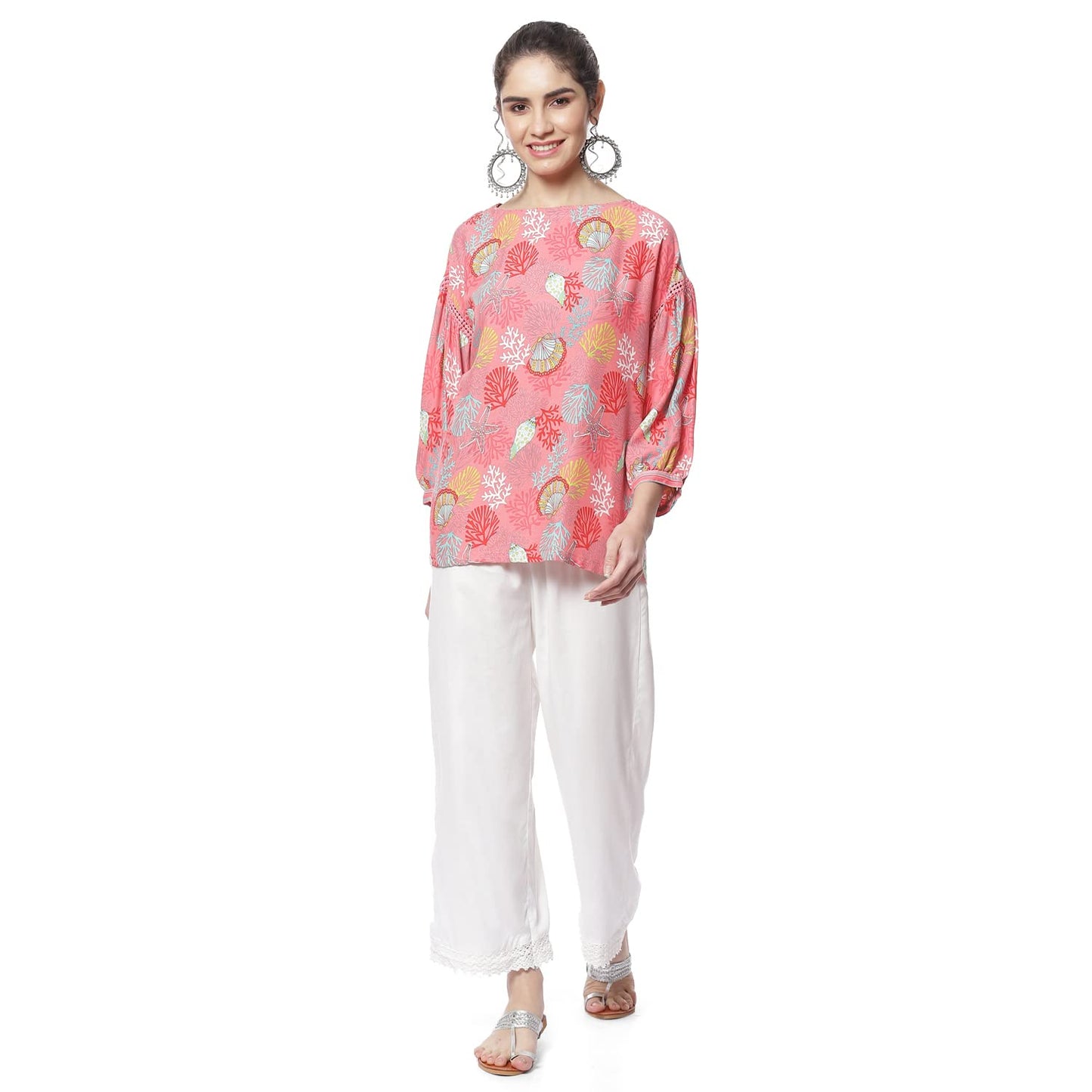 Rangriti Women's Coral Printed Straight Viscose Ethnic Top (RMMEASY BRE18098_M)