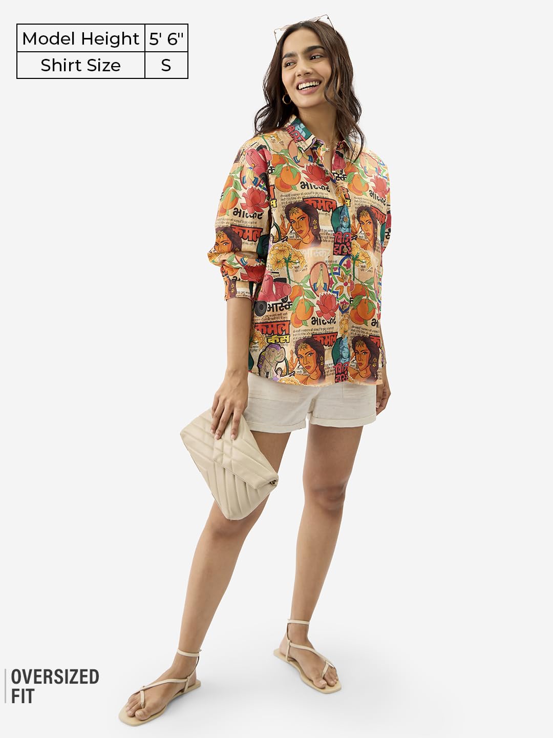 The Souled Store Indian Retro Women and Girls Long Sleeve Collared Neck Button Down Multicolor All Over Printed Boyfriend Shirts with Drop Shoulder and Oversize Fit