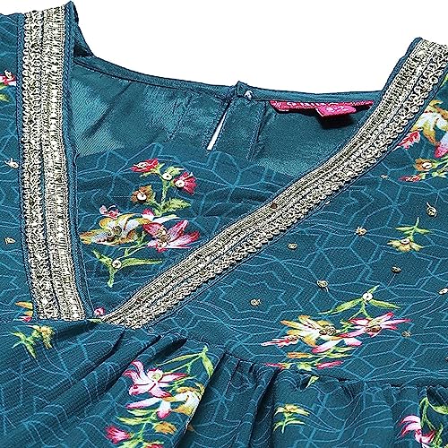 BIBA Girl's Cotton Printed Tired Kurta Kid (Kw5449_Teal_5, Salwar Suit Set)