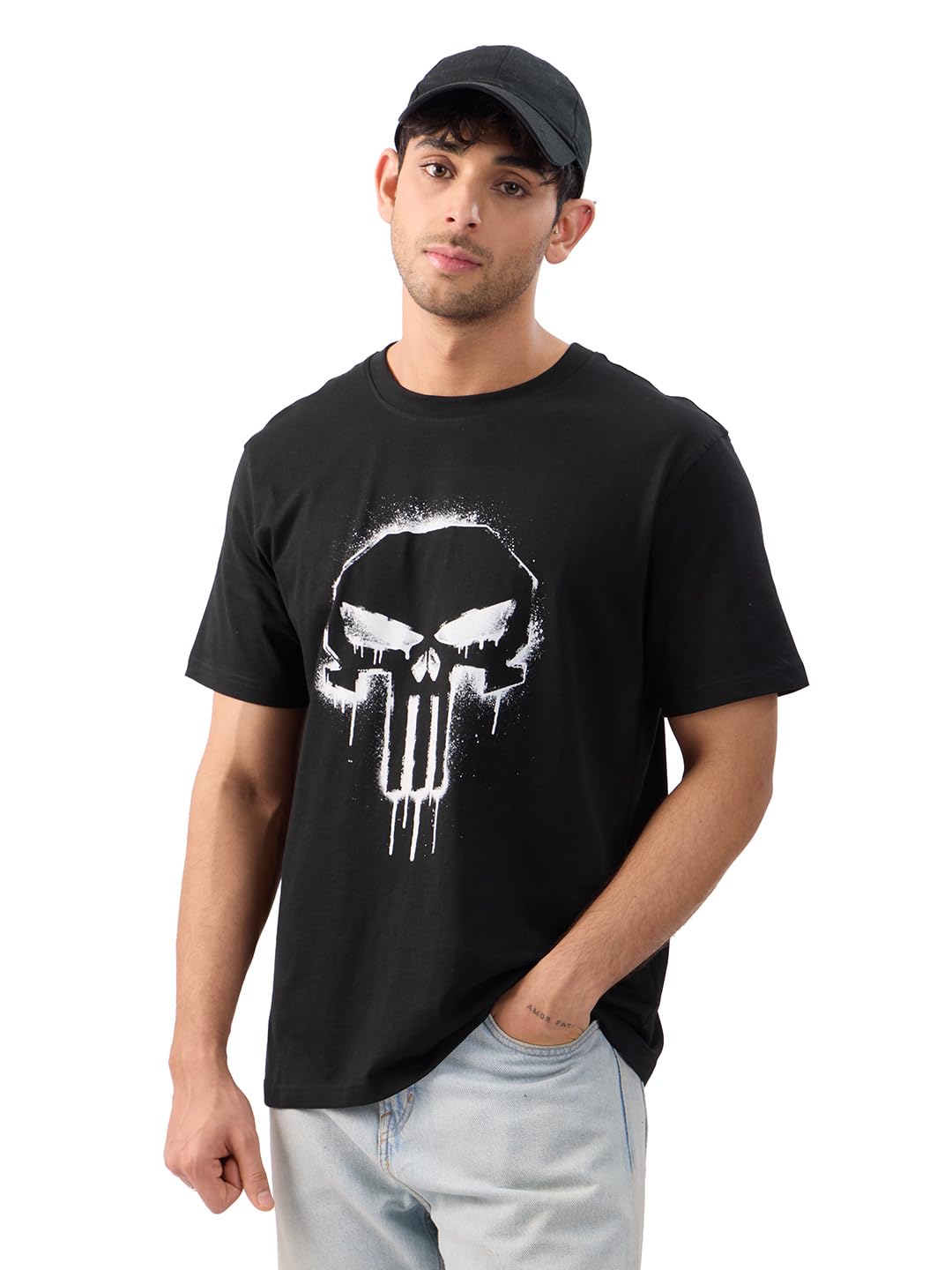 The Souled Store Official Punisher: Classic Logo Men and Boys Short Sleeves Round Neck Black Graphic Printed Regular Fit Cotton T-Shirts
