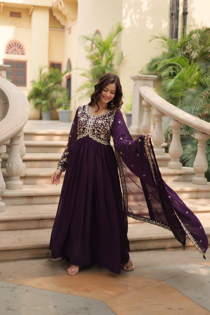 Mehervaa by vinni Women's Purple Embroidered Anarkali Suit Set with Dupatta, Gold Zari Work, Long Sleeve Ethnic Gown (in, Alpha, L, Regular)