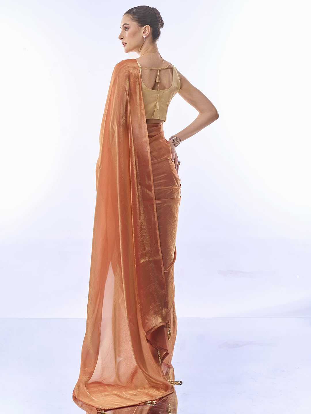ORHANS Women's Organza Latakan Lightweight Saree With Art Silk Sequence Work Golden Unstitched Blouse Piece