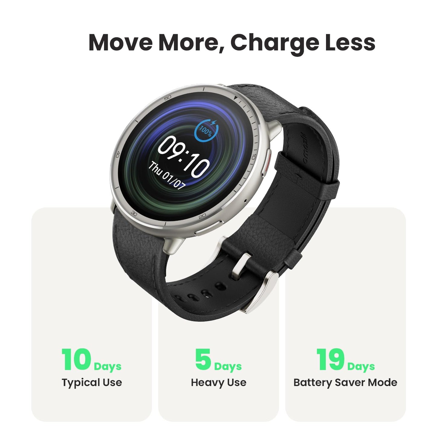 Amazfit Active 2 Premium 44mm Smart Watch, Sapphire Glass Display, Free Silicon Strap in Box, Built in GPS, 10day Battery, 5ATM, for iOS & Android, 2000 Nits Bright, 160+ Sports Mode, Black Leather