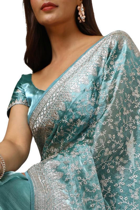 Soch Womens Teal Organza Embroidered Saree With Stone Work
