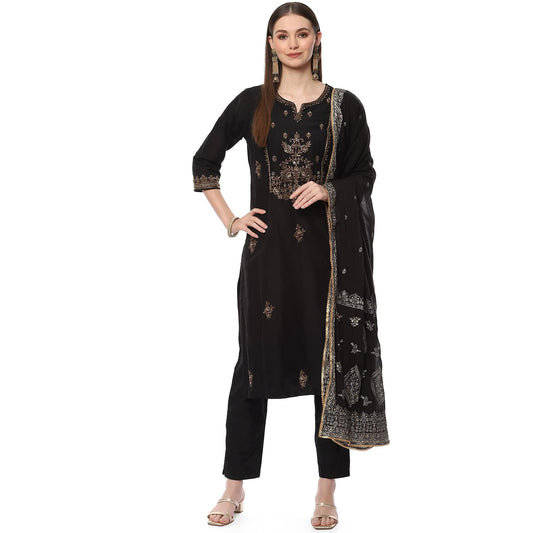 BIBA Women's Solid; Embroidred Narrow Salwar Kurta Dupatta(Skd7185_Black_38) - Viscose