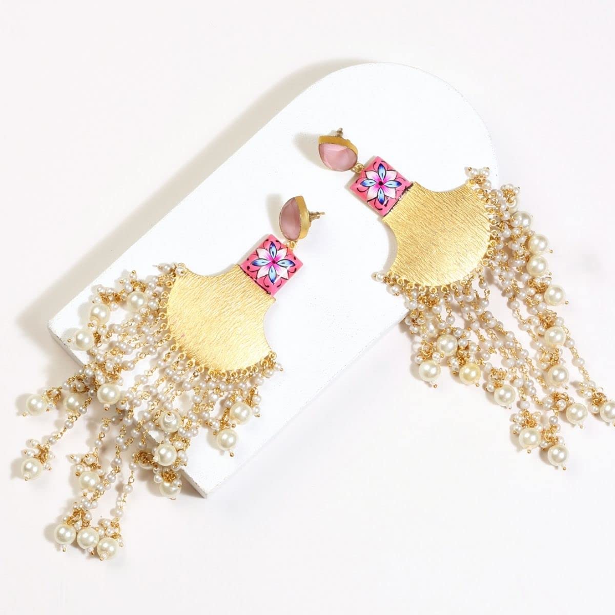 Accessher Gold Plated Statement Modern Chandbali Style Chandelier Dangle Earrings with Pearl Drop Tassels and Push Back Closure for Women and Girls Pack of 1 Pair