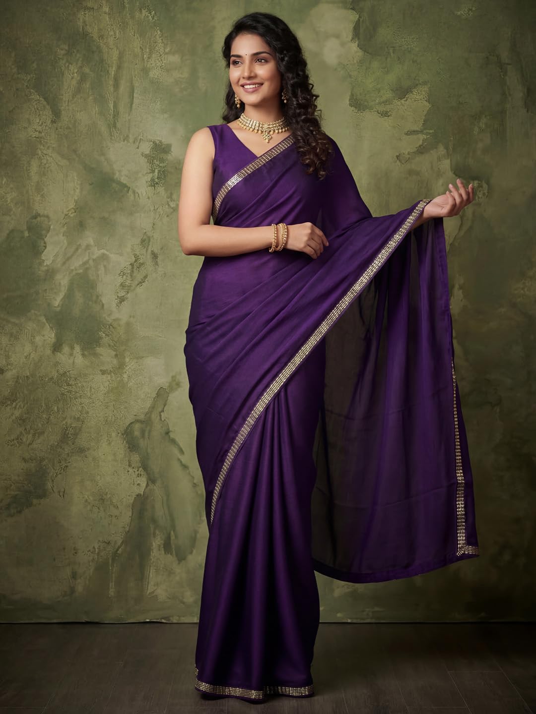 AKHILAM Women's Shimmer Purple Satin Solid Embroidered Lace work Saree With Unstitched Blouse Piece | saree for woman | Designer Saree for Women | Soft and Skin Friendly (GOPI8501_RX)