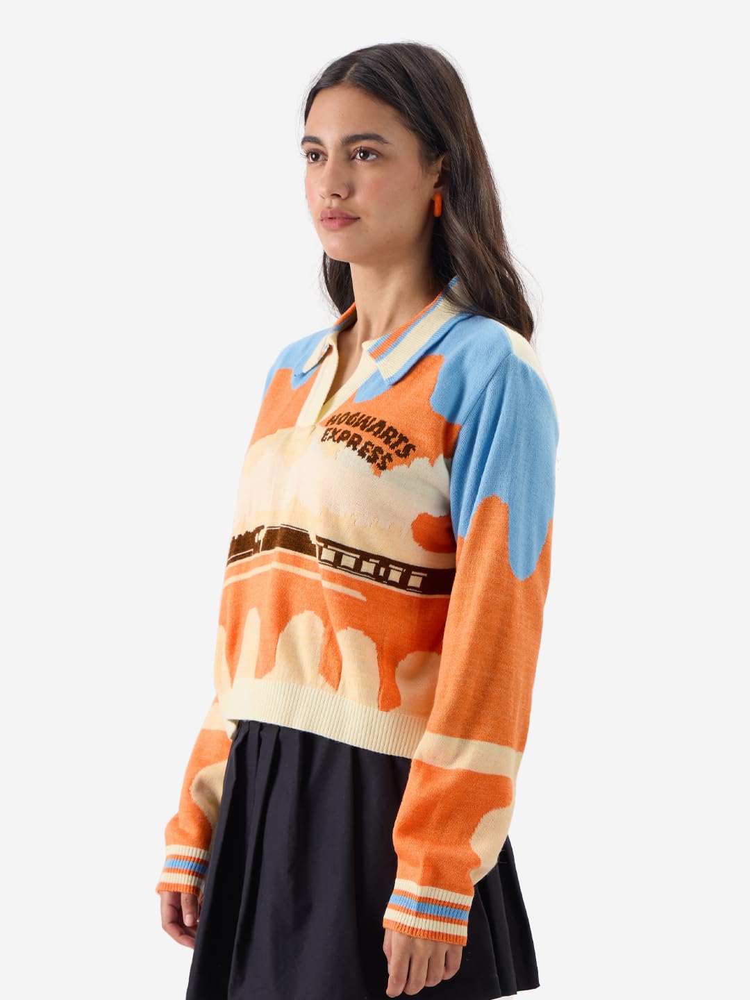 The Souled Store Official Harry Potter: Hogwarts Express Women and Girls Full Sleeve Collared Neck Oversized Fit Cropped Sweaters Multicolour Womens Cropped Knit Sweaters for Girls Pullover Cable