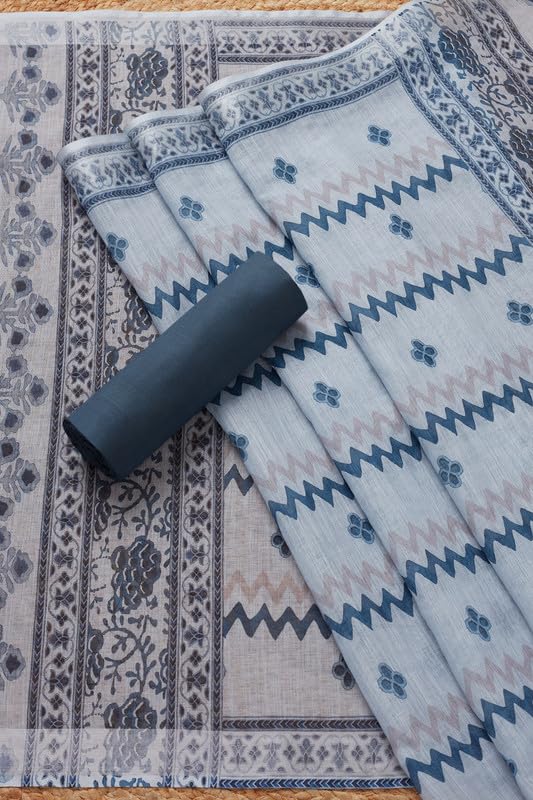 Soch Womens Indigo Linen Floral Unstitch Dress Material With Mirror Work