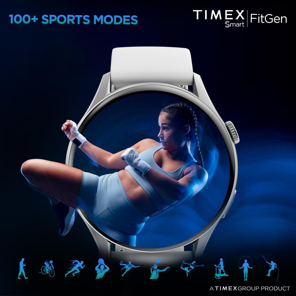 Timex FitGen 1.43" Round AMOLED Smartwatch with 466x466 Pixel Resolution|Single Sync Bluetooth Calling|Rotating Crown| Metallic Body|AI Voice Assist|100+ Sports Modes|Upto 7 Days Battery(Normal Usage)