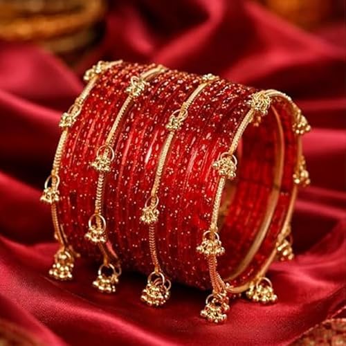 ELIF-X Kashmiri Ghungharoo Raindrop Bangles Set for Women | Traditional Gold Plated Ethnic Bangles | Bridal Wedding Jewelry | Stylish Designer Kada Set for Girls & Women|Red-2.6