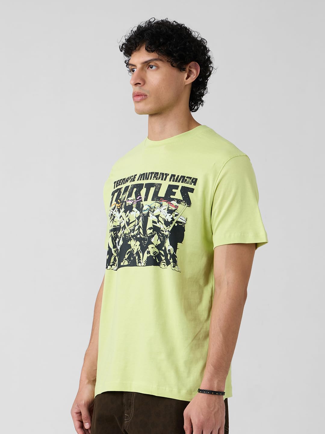 The Souled Store Official TMNT: The Squad Mens Regular Fit Half Sleeve Graphic Printed Cotton Off Green Color T-Shirt