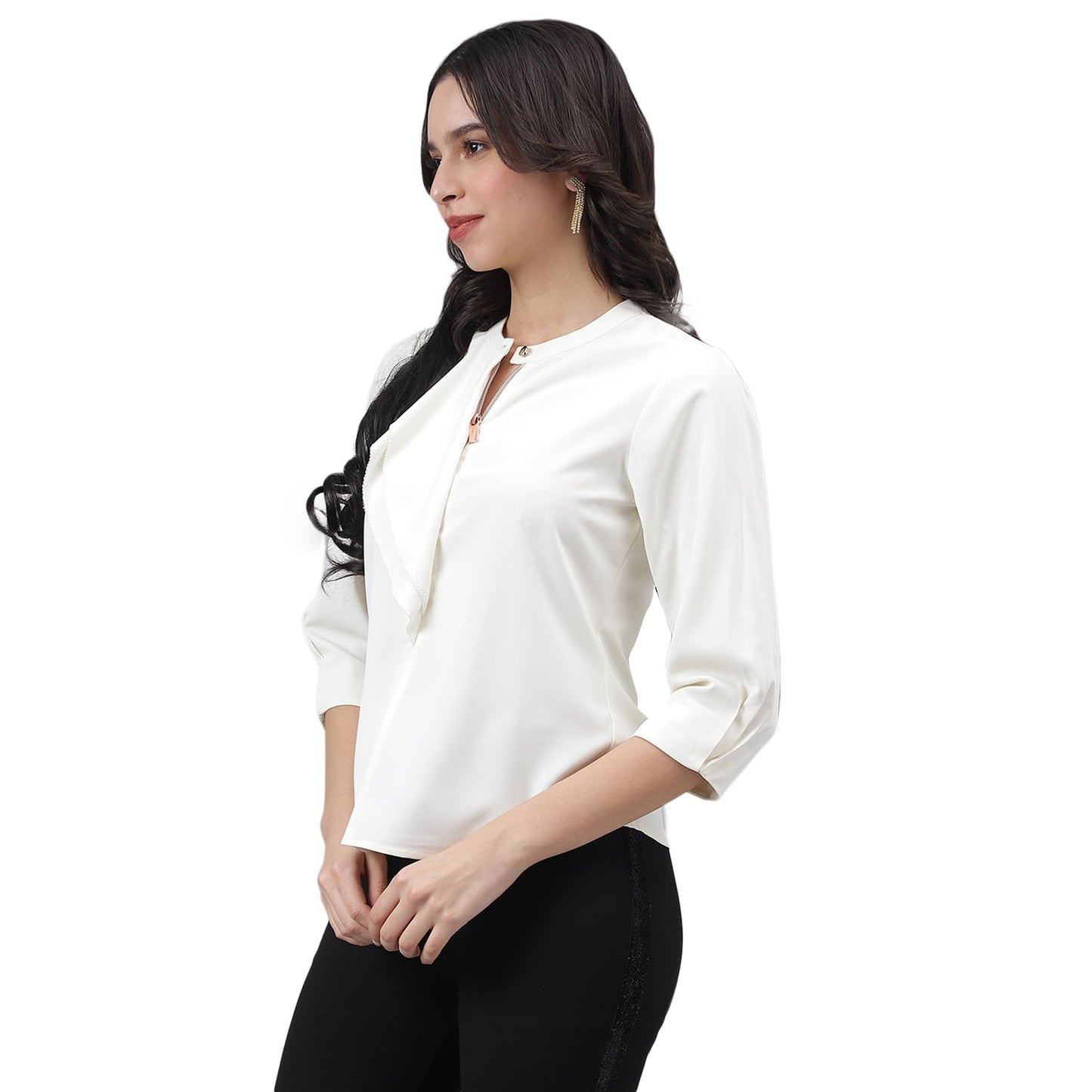 Latin Quarters Women Ivory 3/4 Sleeve Mandarin Collar Solid Top_XXL