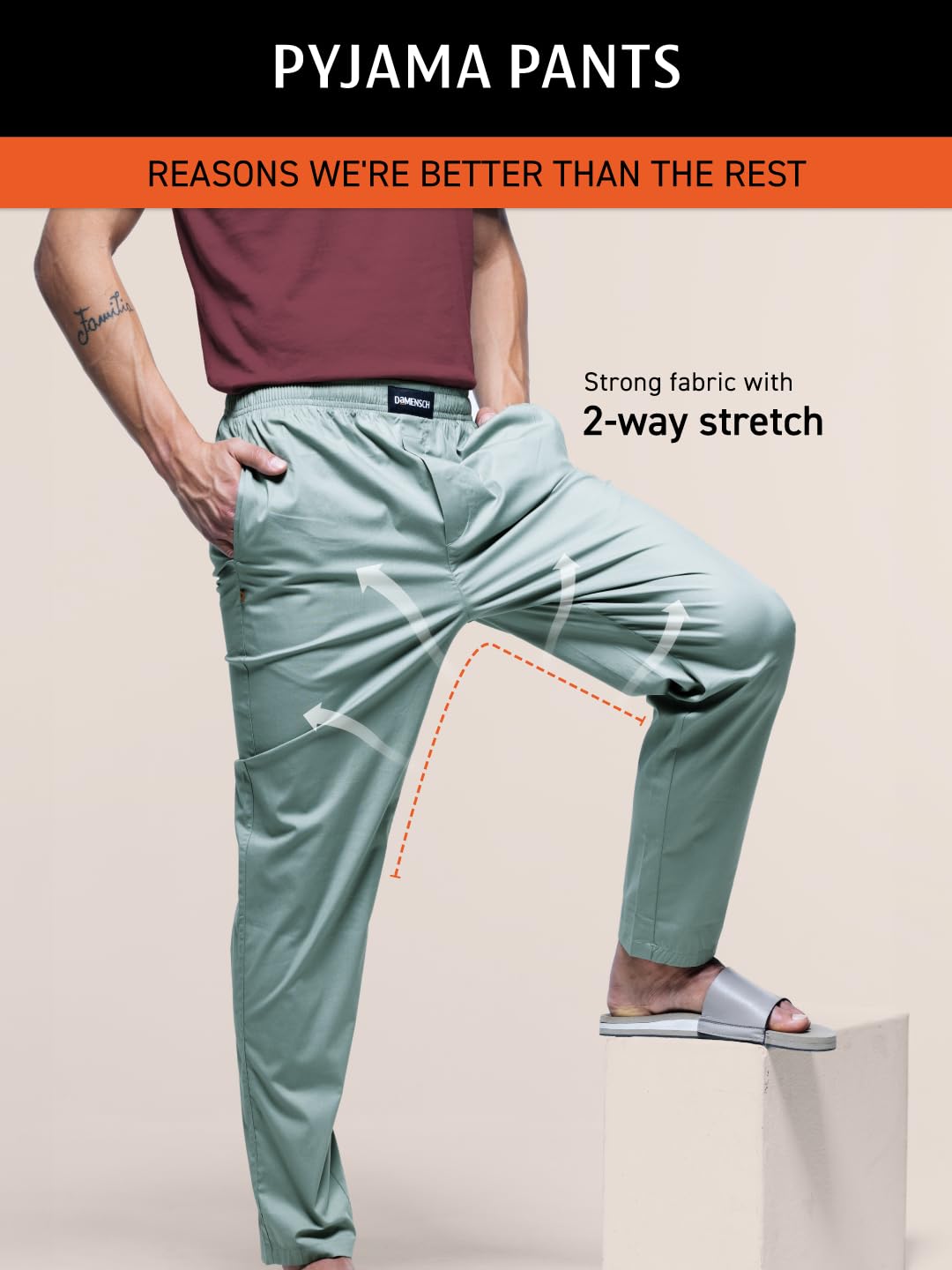 DaMENSCH The Stretch Men's Woven Cotton Tapered Fit Pyjama Pants- Trust on Teal- Large