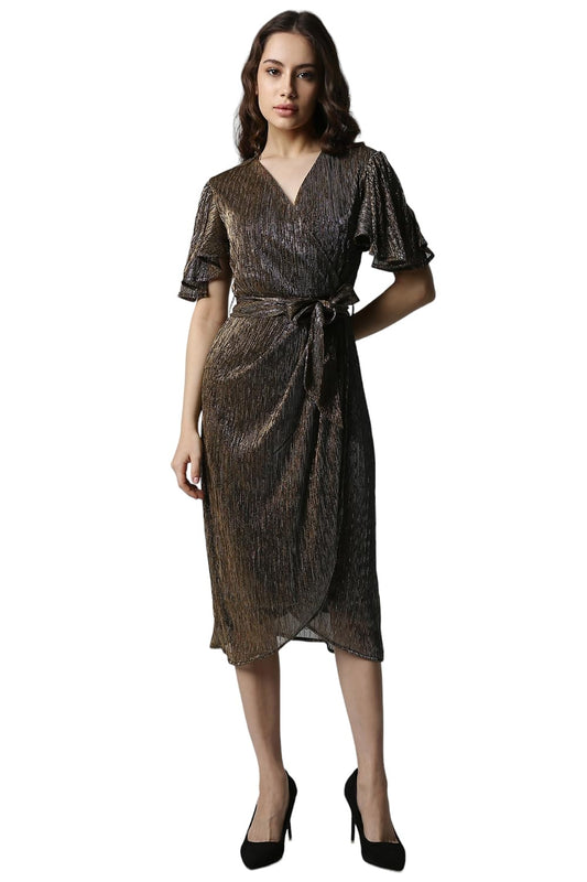 Van Heusen Women's Polyester Blend Asymmetrical Calf Length Dress (VWDRERGHD85161_Brown