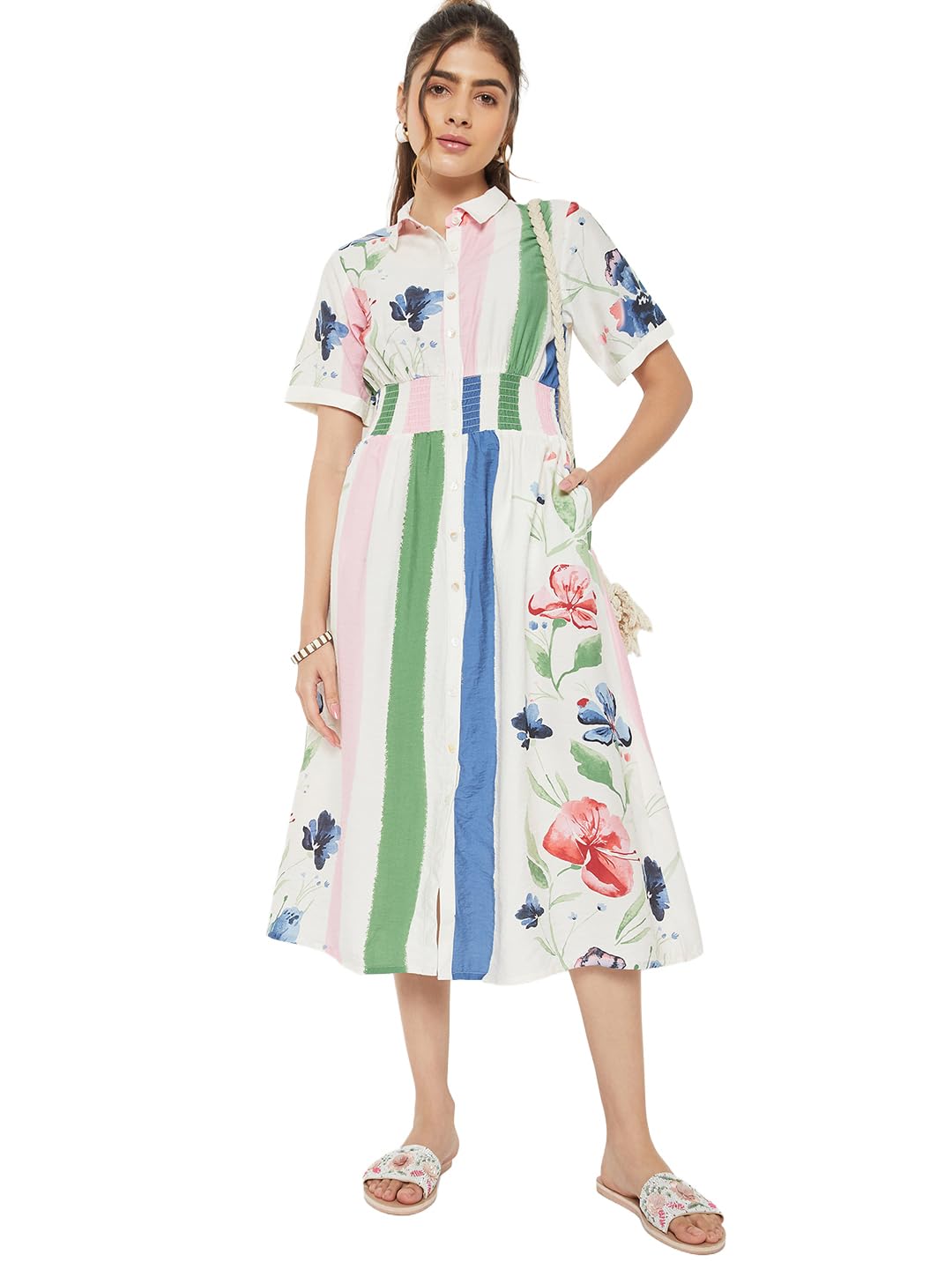 Max Women Printed Shirt Dress(White_L)