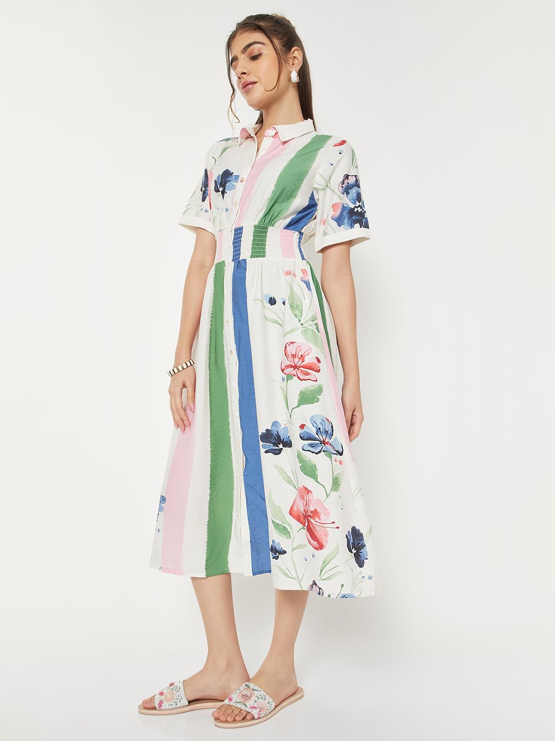 Max Women Printed Shirt Dress(White_L)