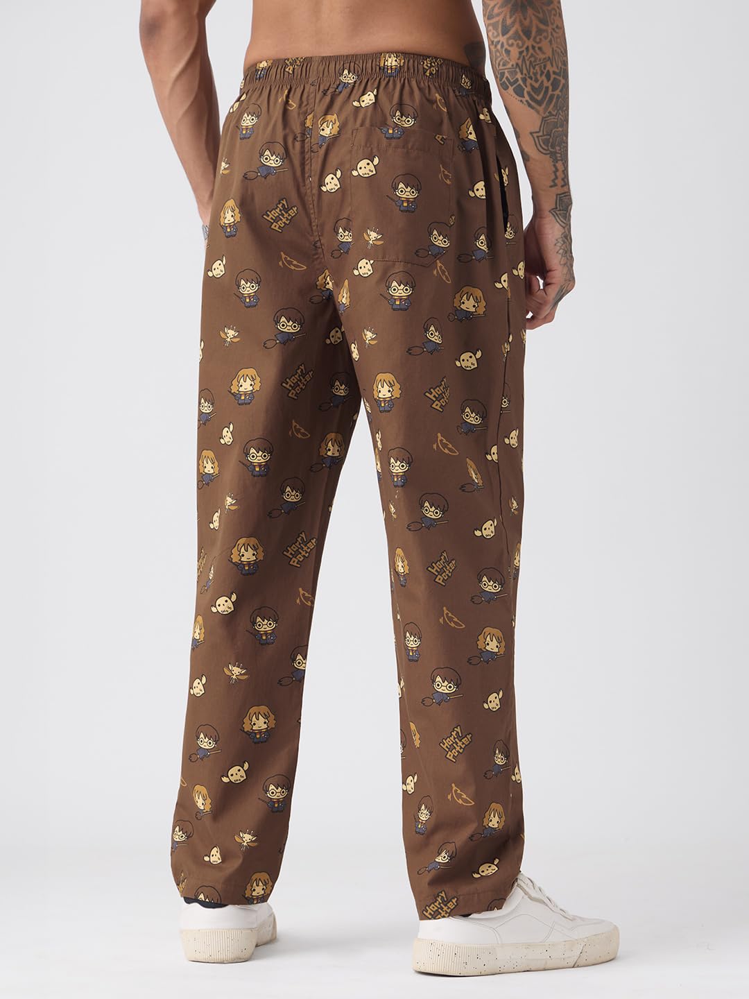 The Souled Store Harry Potter: Chibi Men and Boys Elastic Waistband Brown All-Over Print Cotton Regular Fit Lightweight Breathable Sleepwear Pyjamas |Brown