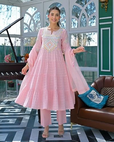 AVYUKTHA | Women Ethnic Motifs Embroidered Empire Kurta Set with Trors & Dupatta | Thread Work Fit Ethnic for Women | Pink, Size- S