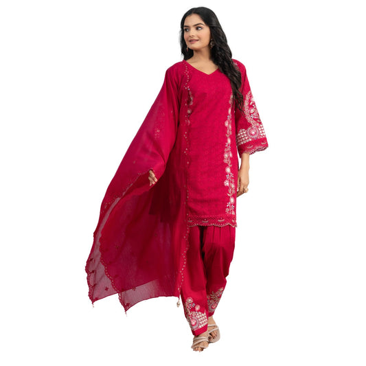 VARAMYA Red Embroidered Patiala Punjabi Suit for Women with Stunning Traditional Design Comfortable Fabric Includes Stylish Kurta Patiala Salwar and Matching Dupatta Perfect for Festival_M