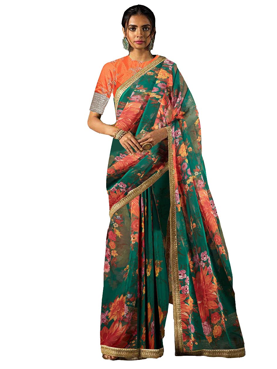 Zeel Clothing Women's Green Floral Organza Saree with Embroidered Blouse (7026-Green-Saree-Floral-Latest; Green; Free)