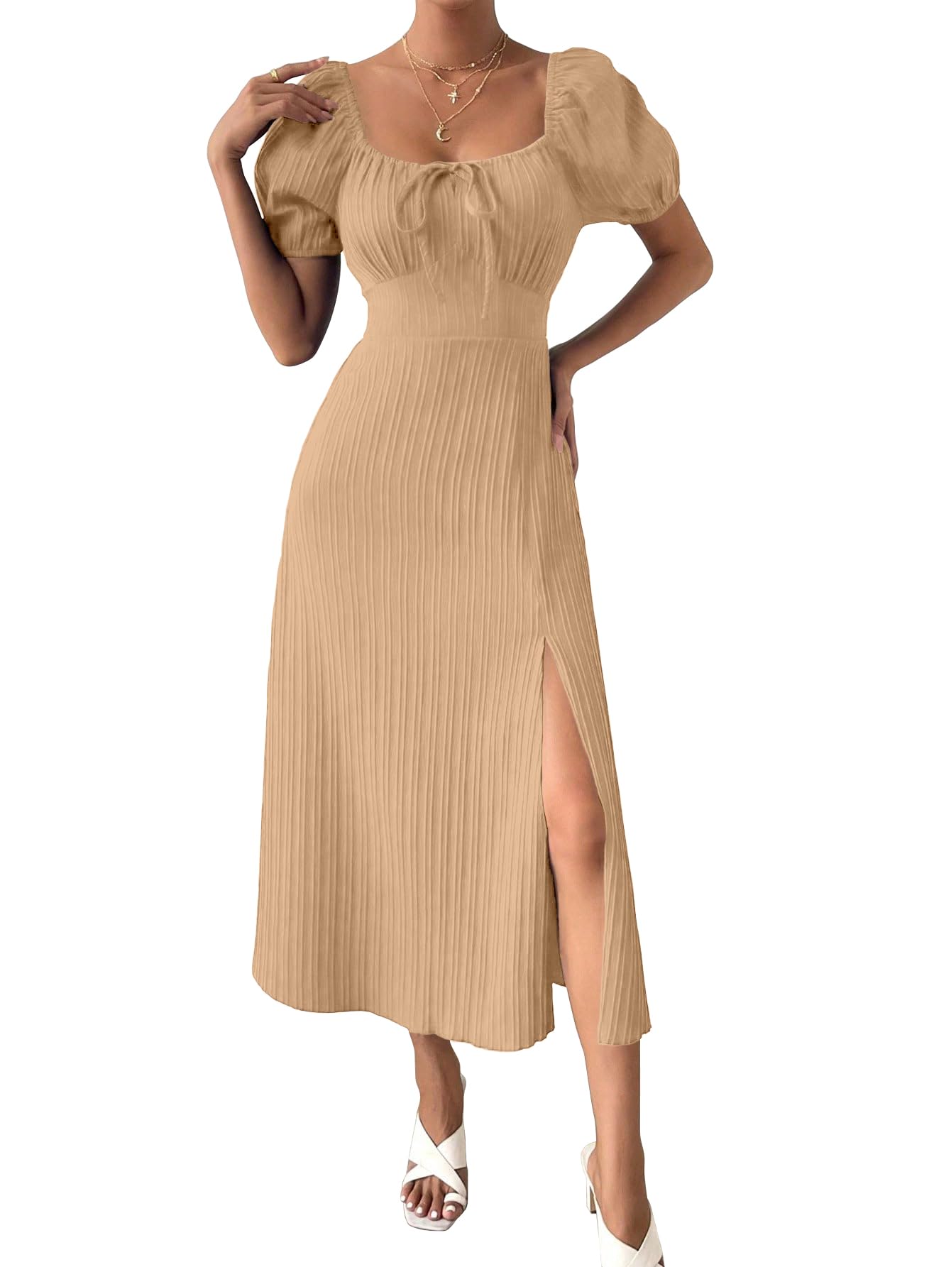 Shasmi Women's & Girl's Beige Tie Front Split Thigh Milkmaid Maxi Dress – Square Neck Puff Sleeve A-Line Long Dress, Elegant Casual & Parties Wear for Ledies (Dress 245 Beige-L)