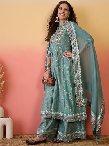 AVYUKTHA Silk Kurta Palazzo & Dupatta Set For Womens | Regular Fit | 3/4 Sleeve | V Neck | Printed Embroidery | Lightweight & Comfortable | Ethenic Dress | Ideal For Weddings & Parties | M | Teal