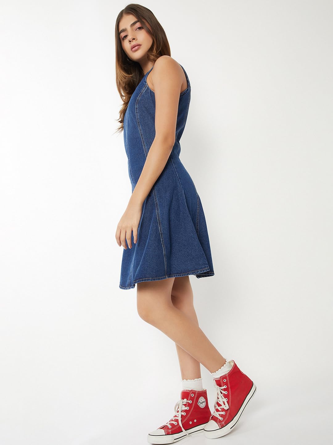 Max Women Solid A-line Dress(Blue_L)