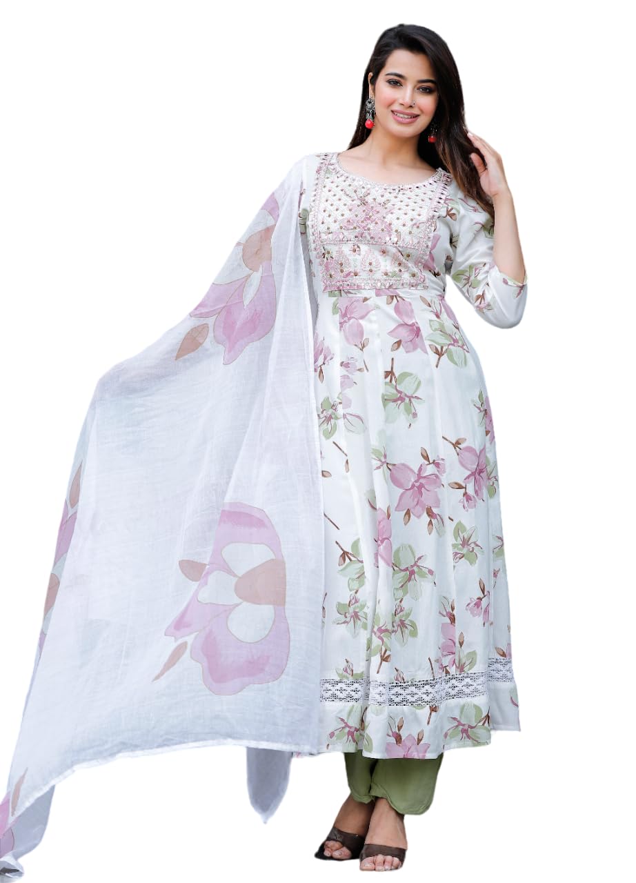 Rangnavi Women Rayon Anarkali Embroidered Printed Kurta Pant and Dupatta Set