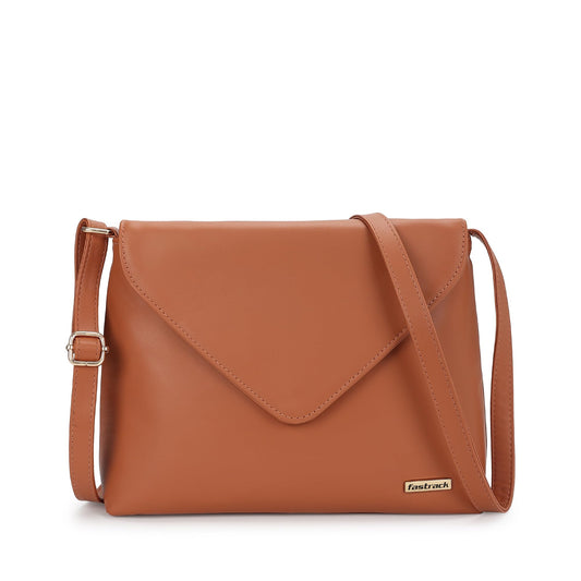 Fastrack Women's Flap Closure Sling Bag | Magnetic Button Lock, Adjustable Sling, Inner Zip and Slip Pockets | Stylish Everyday Bag | Sling Bag for Casual Carry, Tan