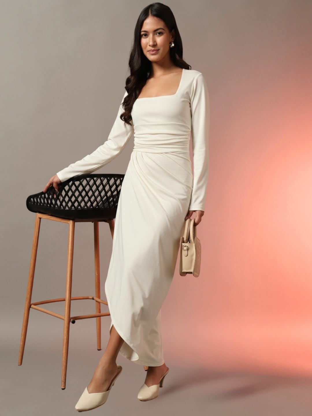Trend Arrest.ed Women's Draped Bodycon Maxi Dress | Long Sleeve Square Neck Gown | Elegant Ruched Party Dress (Off White,S)